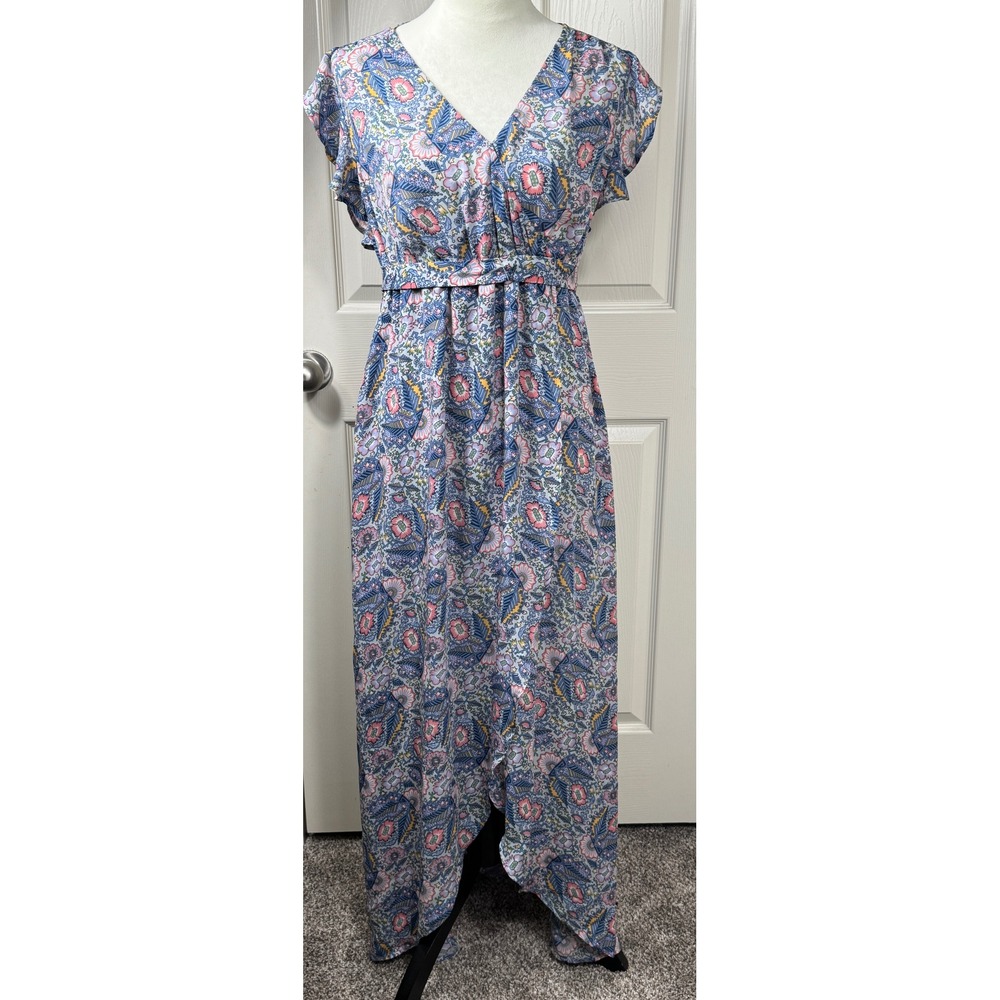 Ella Moss Maxi Dress Floral Print V Neck Tie‎ Waist Casual Blue Size L